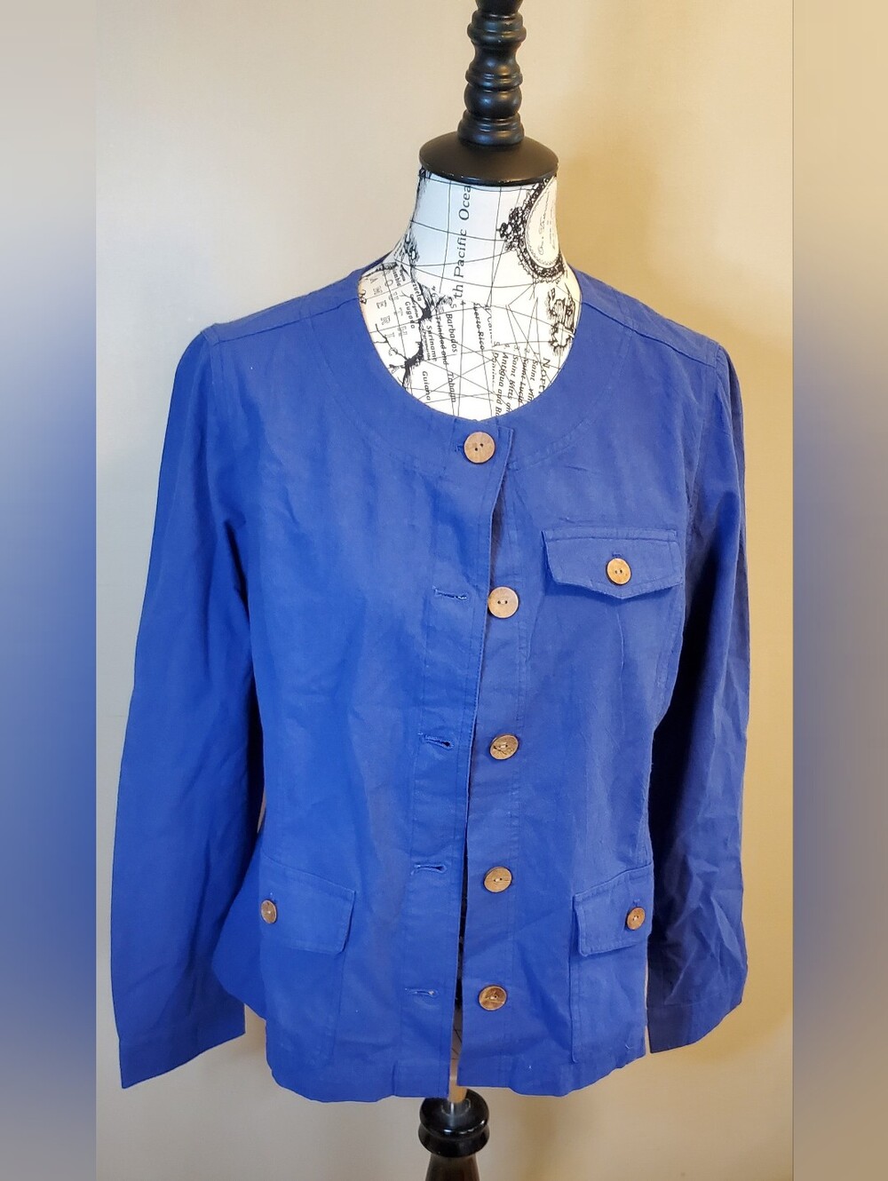 Appleseed's Medium Blue Cotton Blazer Jacket Women's Button Front Lightweight Ca
